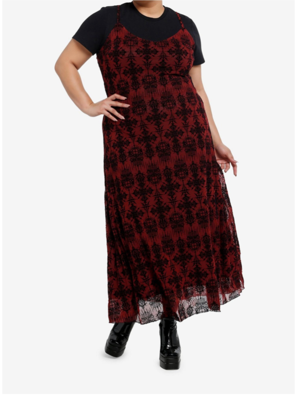 NWOT Cosmic Aura Burgundy & Black Gothic Mesh Slip Maxi Dress Plus Size 2